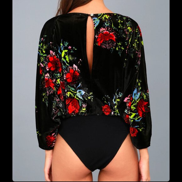 Free People Slouchy Babe Black Floral Print Velvet Bodysuit - Picture 3 of 5